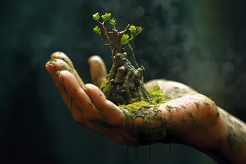 Plant growing from human hand 