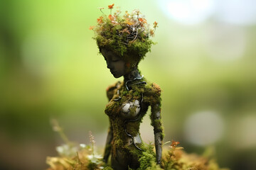 Woman statue covered in moss