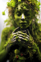 Woman statue covered in moss