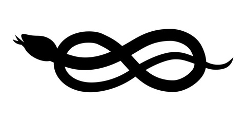 Simple illustration of snake with infinity sign body, ouroboros. Symbol, sign, black, icon, silhouette, tattoo. New Year 1989, 2001, 2013, 2025, 2037, 2049, 2061.