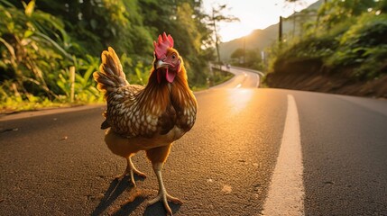 Farm chicken crossing the road