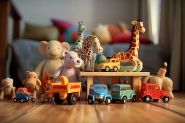 Set of different cute toys on wooden table in children's room, Generative ai
