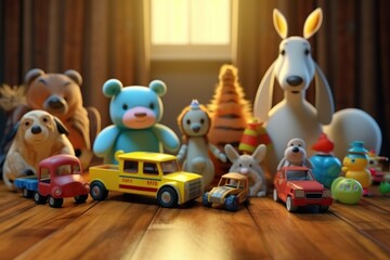 Obraz premium Set of different cute toys on wooden table in children's room, Generative ai