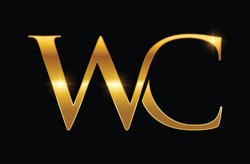 A vector illustration of Golden WC Monogram Initial Letters Logo  in black background with gold shine effect
