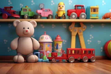 Set of different cute toys on wooden table in children's room, Generative ai