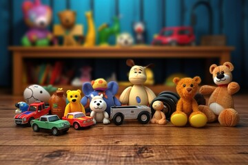 Set of different cute toys on wooden table in children's room, Generative ai