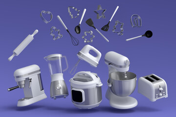 Kitchen appliances and utensils for making breakfast on violet background