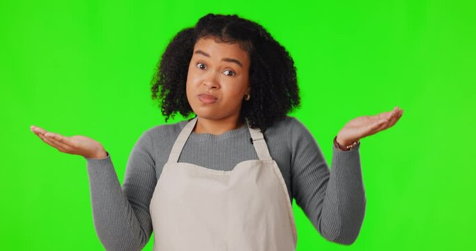 Green screen, waitress and woman with options, shrug and decisions against a studio background. Portrait, female person and employee with stress, questions and apron with doubt, confused and choice