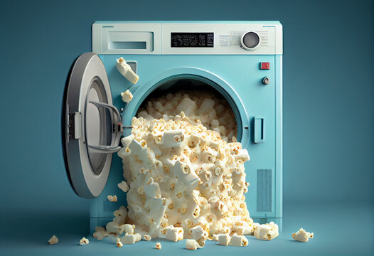 Washing machine full of crumbling popcorn. Washing machine overload concept, popcorn overload. AI generated.