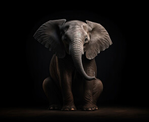 Fototapeta na wymiar Illustration of a seated elephant on a black background .AI generative