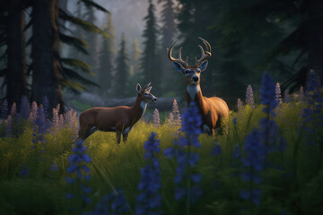 A hyperrealistic image showcasing a deer in a picturesque forest clearing, surrounded by vibrant wildflowers and towering trees, capturing the beauty of nature's harmony and the deer's gentle presence