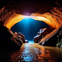 mysterious underground cave with glowing crystals and an underground river, dark, mysterious, underground landscape, high detail
