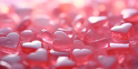 A closeup photograph of blurred small crystal pink and white hearts as a background. valentines day concept. AI Generative