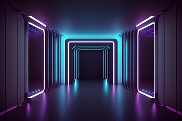 futuristic neon-lit hallway with a dark ambiance. Generative AI