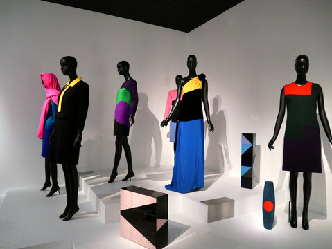Yves Saint Laurent, french haute couture, Paris, "shapes" : creations with flat saturated colors of geometric shapes
