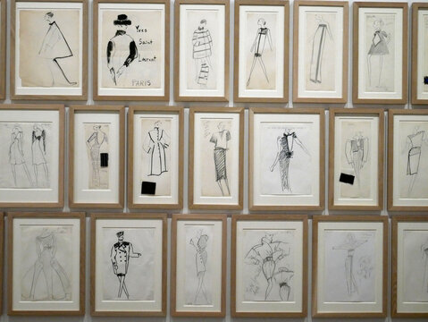 Yves Saint Laurent, french haute couture, Paris" : designer's research sketch
