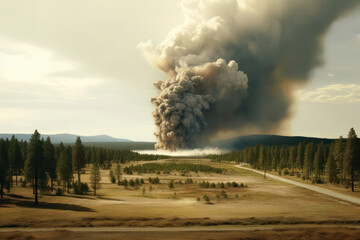 A hyperrealistic representation of a forest engulfed in wildfire and smoke, symbolizing the destructive effects of climate change and increasing wildfire incidents, in hyperrealistic 8k detail