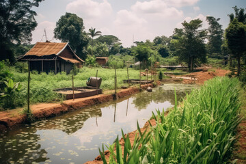 A serene eco-village with natural water conservation systems, wetland restoration, and sustainable water management, showcasing the importance of water stewardship in high-definition 8k brilliance