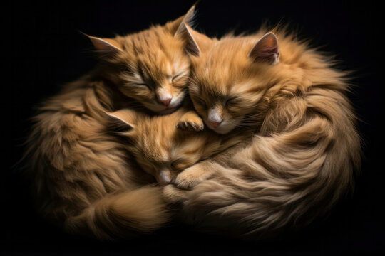 A hyperrealistic portrayal of three cats napping together, displaying their comfort and relaxation in a cozy setting in hyperrealistic 8k detail