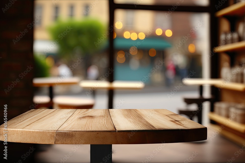 Poster wooden table with natural light coming from a nearby window. Generative AI