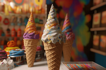 A hyperrealistic capture of a colorful ice cream cone with swirls of different flavors, topped with rainbow sprinkles, embodying the joy and playfulness of summer in hyperrealistic 8k detail