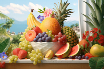 A hyperrealistic capture of an ice cream cone surrounded by vibrant fruits and a tropical backdrop, representing the perfect summer escape and a moment of pure bliss in hyperrealistic 8k detail
