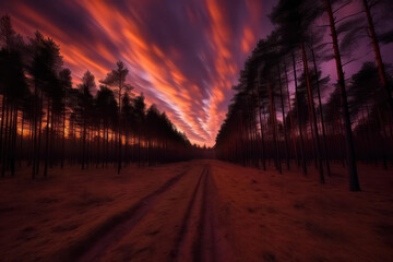 A dramatic forest scene at twilight, with warm hues of orange and purple painting the sky, casting a surreal and captivating glow over the woodland in high-definition 8k brilliance