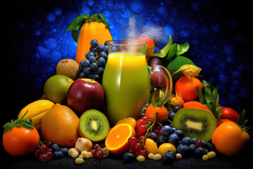 A hyperrealistic capture of a colorful and nutrient-packed smoothie, showcasing the vibrant combination of fruits, vegetables, and superfoods, promoting a balanced and healthy lifestyle