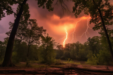 A dramatic forest engulfed in stormy clouds, with flashes of lightning illuminating the trees, creating a thrilling and intense atmosphere in mesmerizing 8k resolution