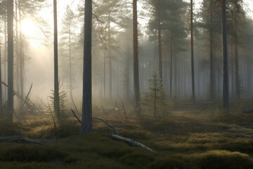 A dramatic forest shrouded in mist and illuminated by the first light of dawn, creating a mystical and ethereal atmosphere in breathtaking 8k detail