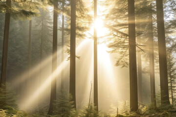 A dramatic forest shrouded in fog, with sunlight breaking through the mist and creating a mystical and otherworldly atmosphere in stunning 8k resolution