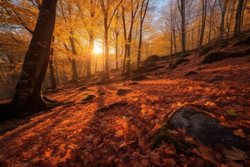 A dramatic forest bathed in warm autumn colors, with the soft light of the setting sun casting a magical and enchanting glow over the woodland in stunning 8k resolution
