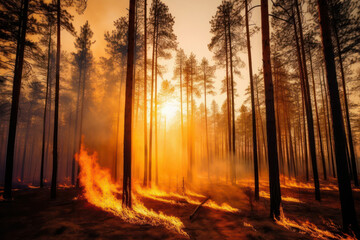 A dramatic forest illuminated by a vibrant sunset, with the warm hues of red and orange transforming the woodland into a fiery spectacle in breathtaking 8k detail