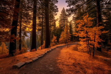 A dramatic forest at twilight, with the warm hues of sunset casting a golden glow over the trees, evoking a sense of tranquility and beauty in mesmerizing 8k resolution