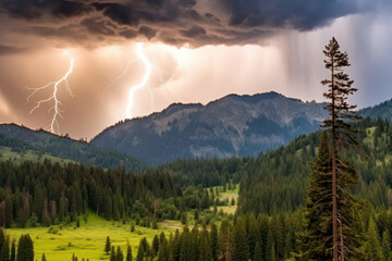 A dramatic forest engulfed in stormy clouds, with flashes of lightning illuminating the trees, creating a thrilling and intense atmosphere in mesmerizing 8k resolution