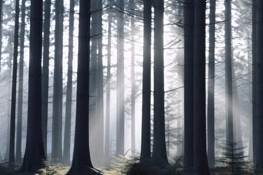 A mystical forest veiled in mist, with rays of sunlight piercing through the fog, evoking a sense of mystery and enchantment in breathtaking 8k detail