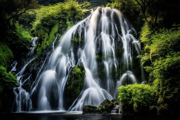 Fototapeta premium A breathtaking waterfall surrounded by lush greenery, with the cascading water creating a sense of tranquility and serenity in mesmerizing 8k resolution