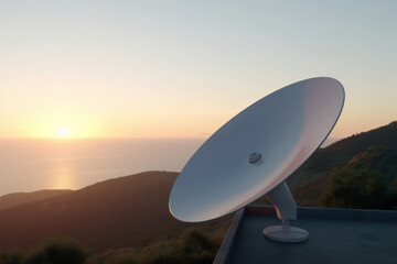 A hyperrealistic representation of a satellite dish capturing signals from Earth's orbiting satellites, demonstrating the crucial role of satellite communication in modern technology