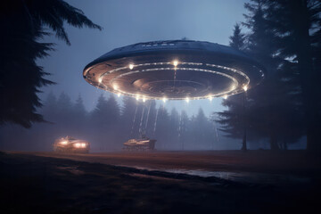 A hyperrealistic portrayal of an alien spaceship hovering above a forest, casting an ethereal glow on the trees and creating an otherworldly atmosphere, in hyperrealistic 8k detail