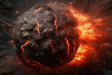 A hyperrealistic capture of an asteroid impact triggering a volcanic eruption, with lava spewing into the sky, combining the destructive forces of cosmic collisions and volcanic activity