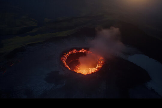 A hyperrealistic portrayal of an asteroid impact creating a massive crater, with molten lava and intense heat, resembling a scene from a volcanic eruption, in hyperrealistic 8k detail