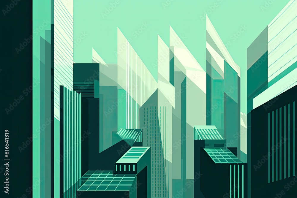 Poster vibrant and modern cityscape with towering skyscrapers and lush greenery