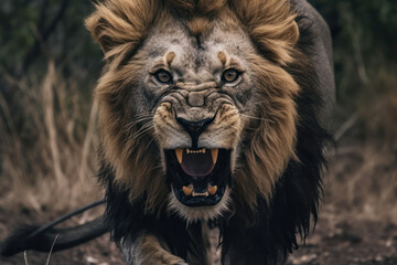 Fototapeta premium A powerful close-up of a roaring lion, displaying its strength and dominance in the animal kingdom, captured in high-quality 8k detail
