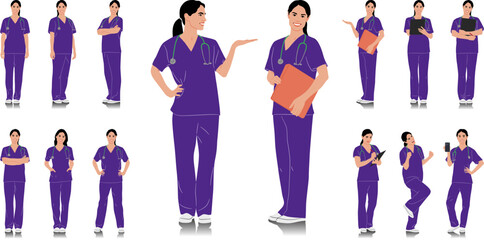 Hand-drawn healthcare worker. Happy smiling doctor with a stethoscope. Female nurse in purple uniform poses. Different color options. Vector flat style illustration set isolated on white