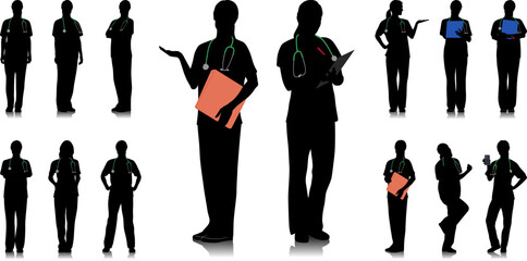 Silhouette of female healthcare worker. Happy smiling doctor with a stethoscope. Female nurse in blue uniform poses. Different color options. Vector flat style illustration set isolated on white