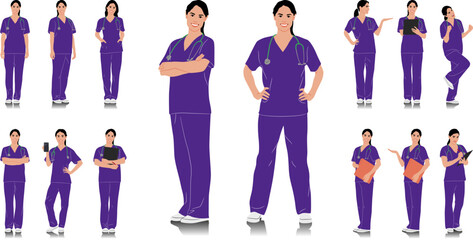 Hand-drawn healthcare worker. Happy smiling doctor with a stethoscope. Female nurse in purple uniform poses. Different color options. Vector flat style illustration set isolated on white