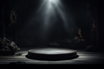 Darkroom background with a platform to showcase, product products marketing concept