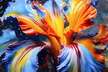 A closeup of acrylic painting iris flower multi colors, motion flowing down, abstract colors, liguid acrylic. AI Generative