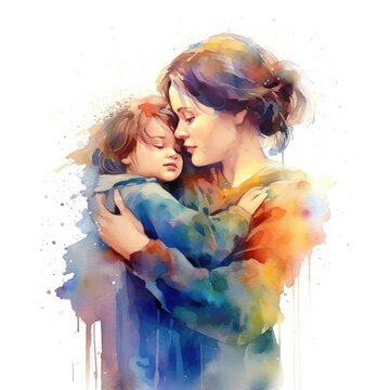 Colorful watercolor painting of a mother hug with her child