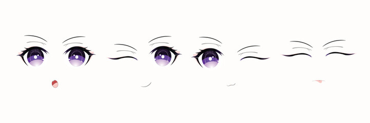 Cute anime stile eyes and mouth set. Hand drawn eyes open and closed in Purple Color. Isolated on white. - obrazy, fototapety, plakaty
